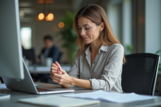 Femme d affaires se massant le poignet au bureau
