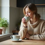 Jeune femme buvant une infusion dans une cuisine lumineuse