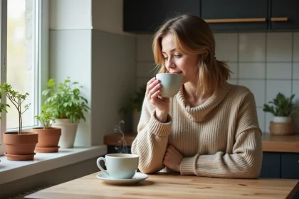 Jeune femme buvant une infusion dans une cuisine lumineuse