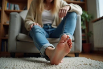 Femme assise examinant un callus au pied