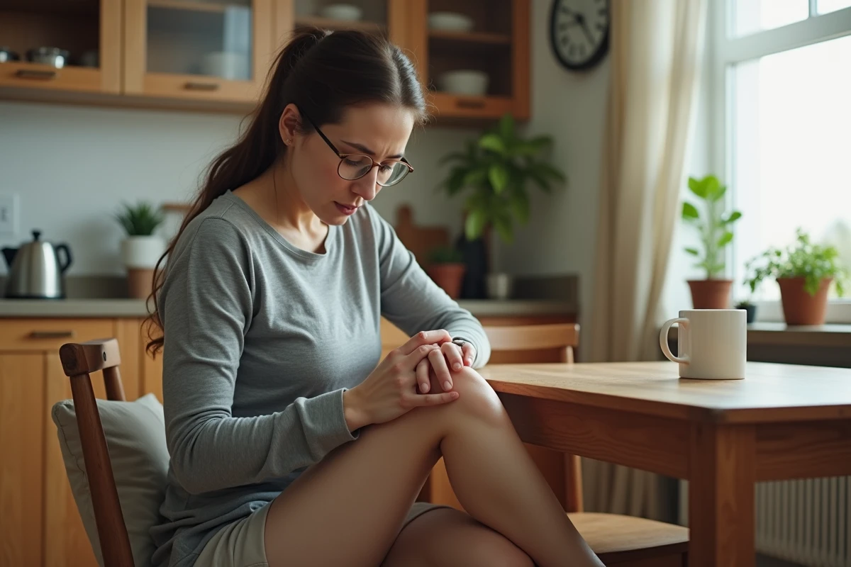 Femme à la maison observant une contraction musculaire spontanée du mollet, crampe musculaire involontaire