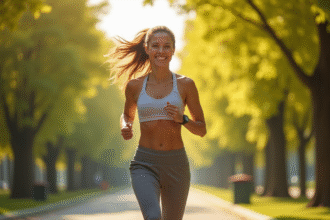 Femme active marchant dans un parc urbain ensoleille