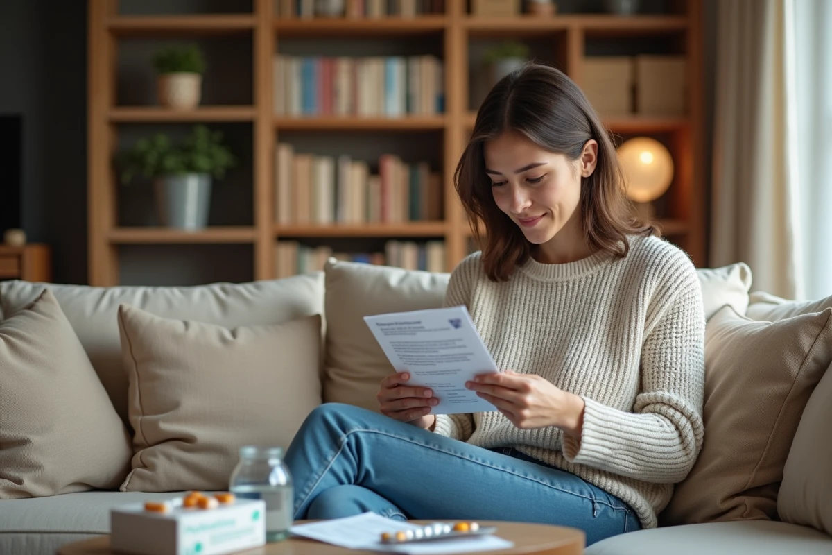 Jeune femme examine un médicament dans son salon chaleureux