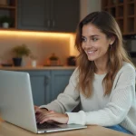 Femme lisant un résultat sur son ordinateur dans une cuisine chaleureuse