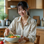 Femme japonaise prépare une salade colorée dans la cuisine