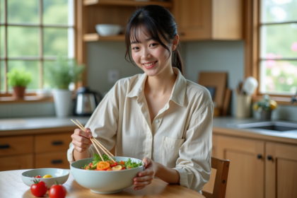 Femme japonaise prépare une salade colorée dans la cuisine