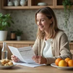 Femme lisant un dépliant detox dans la cuisine chaleureuse