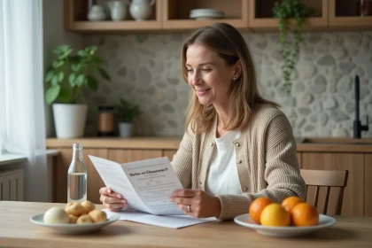 Femme lisant un dépliant detox dans la cuisine chaleureuse