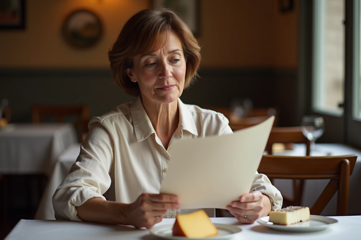 Femme diabétique au restaurant consultant la carte pour choisir un fromage adapté à son régime alimentaire