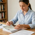 Femme organisant des documents administratifs pour une demande de carte Vitale après un mariage
