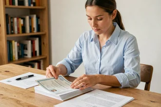 Femme organisant des documents administratifs pour une demande de carte Vitale après un mariage