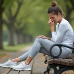 Femme assise sur un banc dans un parc tenant le dessus de son pied droit avec une expression de douleur, illustrant une douleur persistante au haut du pied