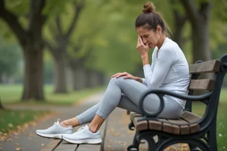 Femme assise sur un banc dans un parc tenant le dessus de son pied droit avec une expression de douleur, illustrant une douleur persistante au haut du pied