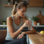 Femme buvant de l'eau dans la cuisine moderne