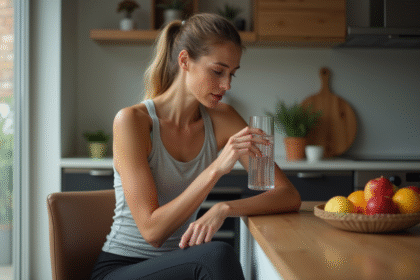 Femme buvant de l'eau dans la cuisine moderne