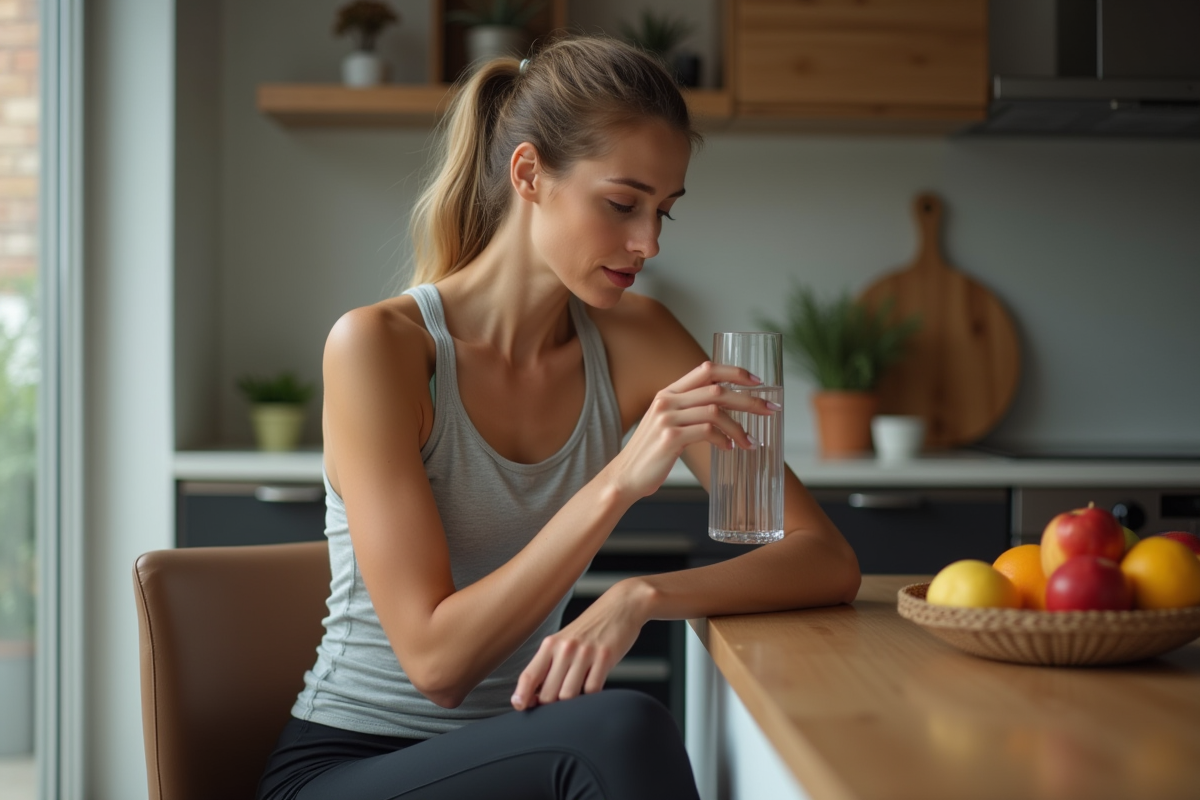 Femme buvant de l'eau dans la cuisine moderne