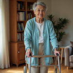 Femme âgée utilisant un déambulateur dans un salon lumineux