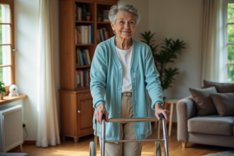 Femme âgée utilisant un déambulateur dans un salon lumineux