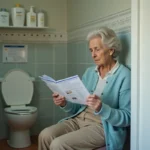 Femme âgée lisant une brochure dans la salle de bain