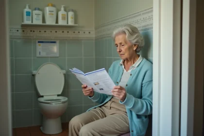 Femme âgée lisant une brochure dans la salle de bain