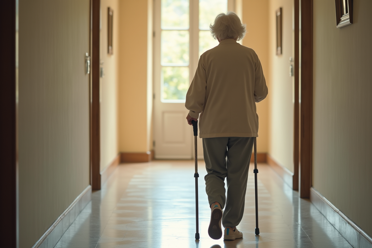 Femme âgée marchant avec une canne dans un couloir lumineux