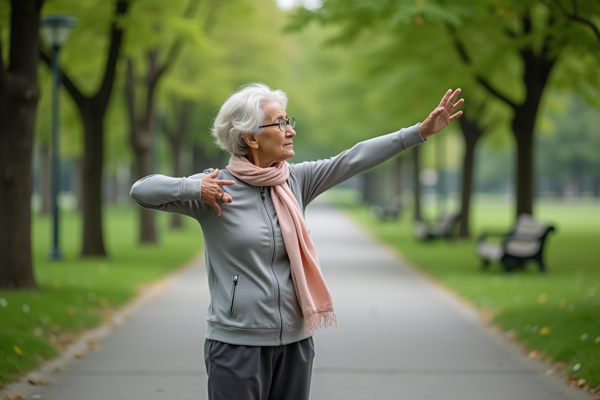 Femme âgée faisant des étirements dans un parc verdoyant