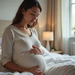 Femme enceinte assise sur le lit dans une chambre chaleureuse