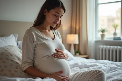 Femme enceinte assise sur le lit dans une chambre chaleureuse
