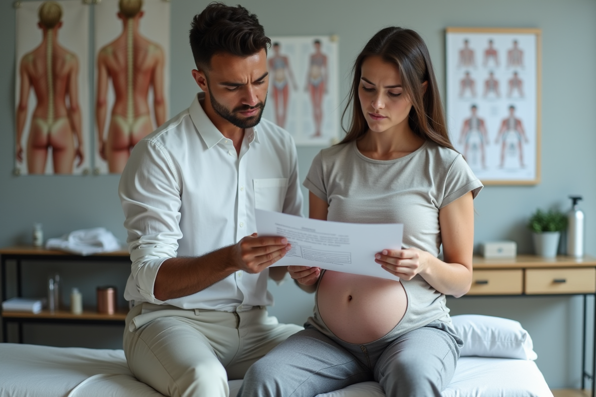 Femme enceinte en consultation avec un thérapeute en clinique