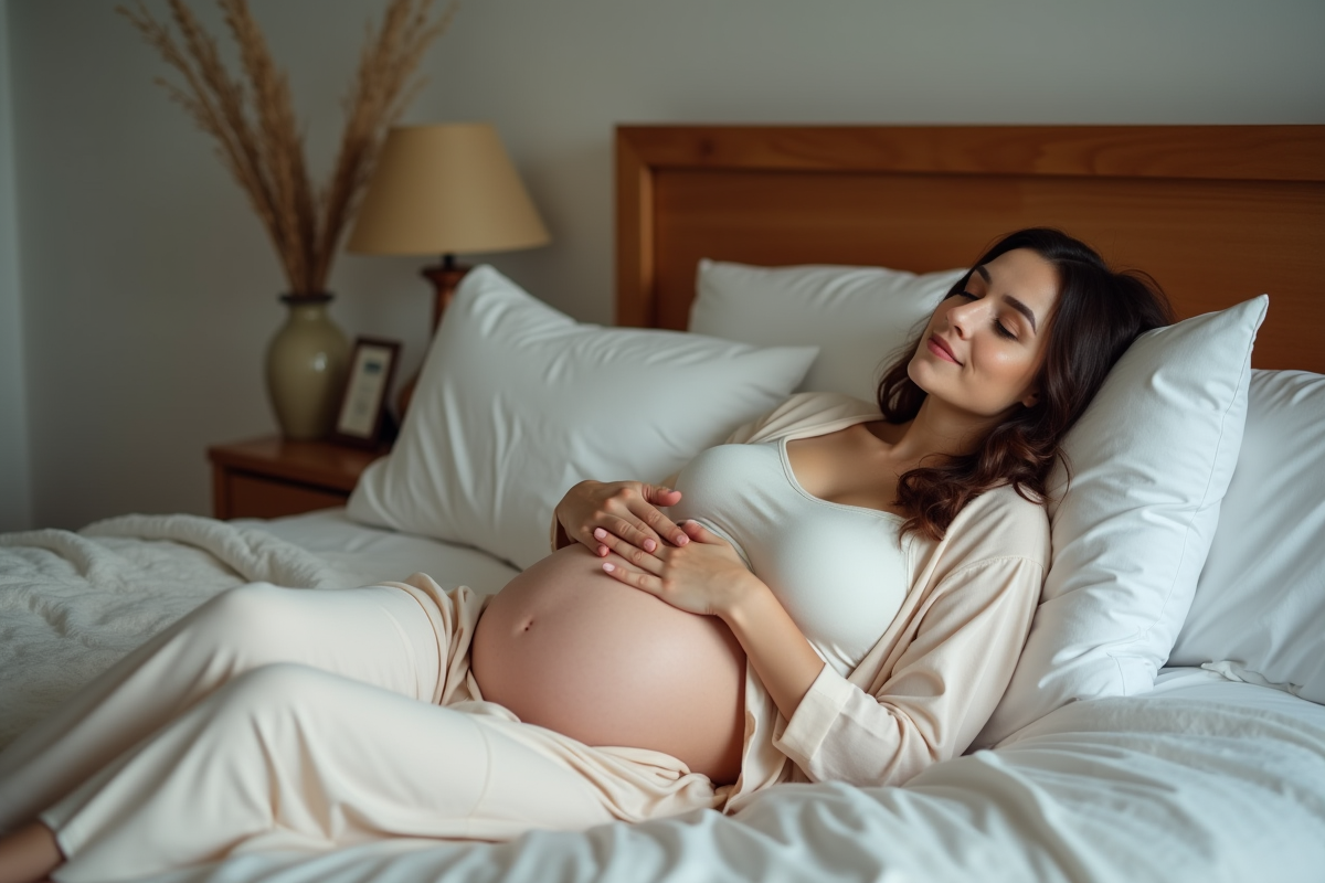 Femme enceinte allongée dans son lit avec sérénité