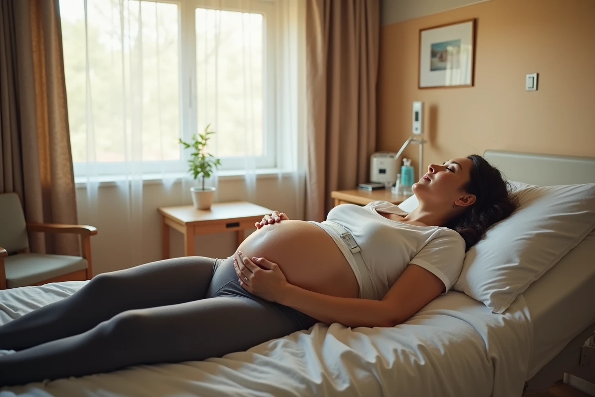 Femme enceinte en début de travail allongée sur un lit de naissance, tenant la main de son partenaire dans une salle d'accouchement chaleureuse