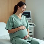 Femme enceinte en fin de grossesse assise sur une table d'examen obstétrical, mains posées sur le ventre, dans une salle de maternité moderne