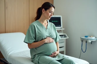Femme enceinte en fin de grossesse assise sur une table d'examen obstétrical, mains posées sur le ventre, dans une salle de maternité moderne