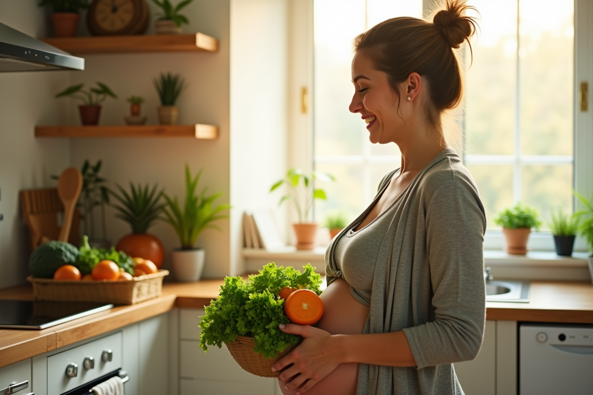 Femme enceinte souriante tenant légumes verts et oranges