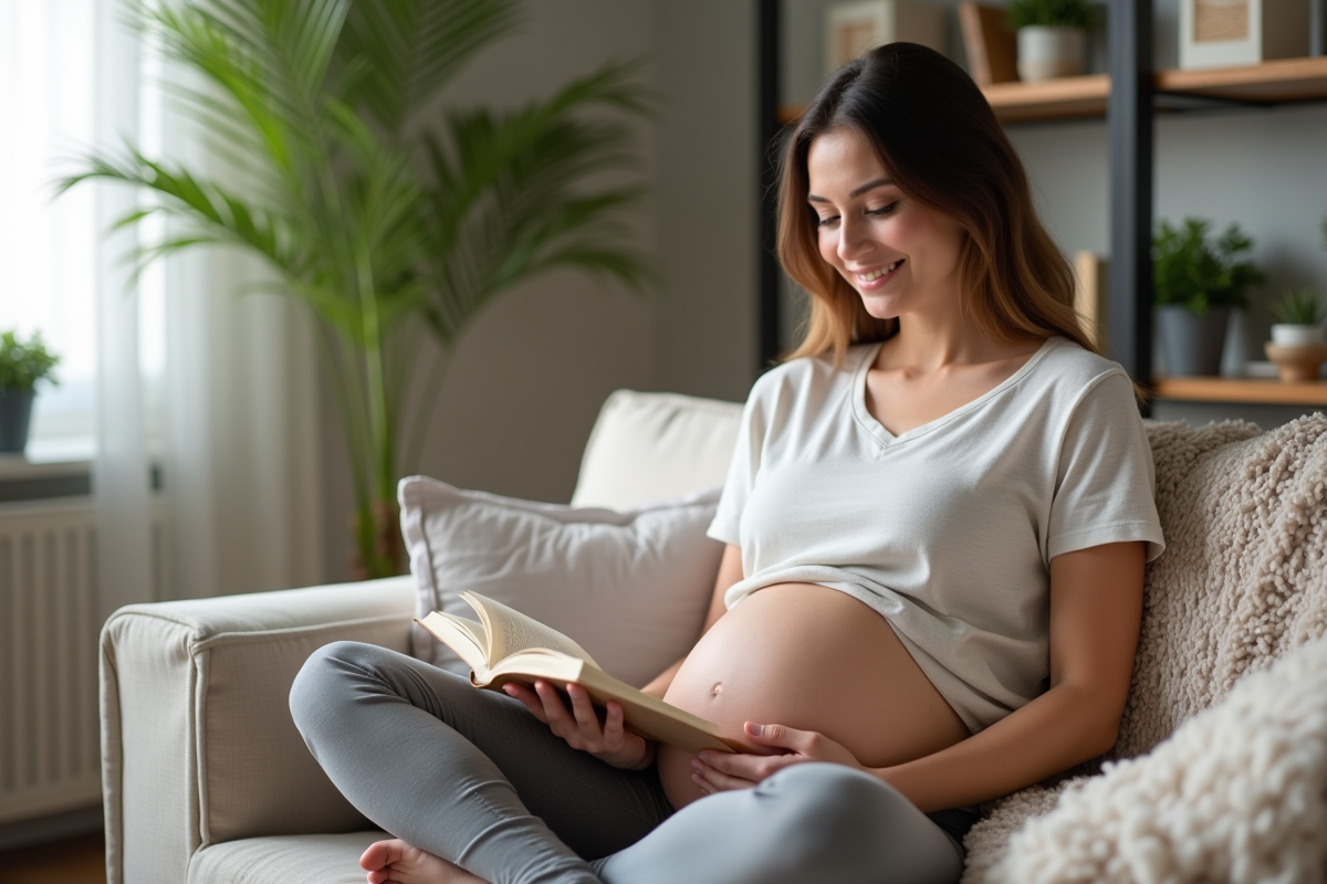 Femme enceinte lisant un livre sur le canapé