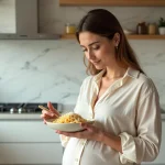 Femme enceinte tenant un bol de pâtes au parmesan dans une cuisine moderne, illustrant la question de la consommation de parmesan pendant la grossesse