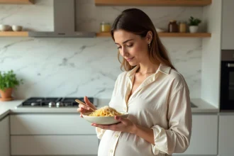 Femme enceinte tenant un bol de pâtes au parmesan dans une cuisine moderne, illustrant la question de la consommation de parmesan pendant la grossesse
