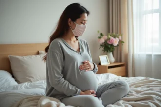 Femme enceinte sereine dans sa chambre lumineuse