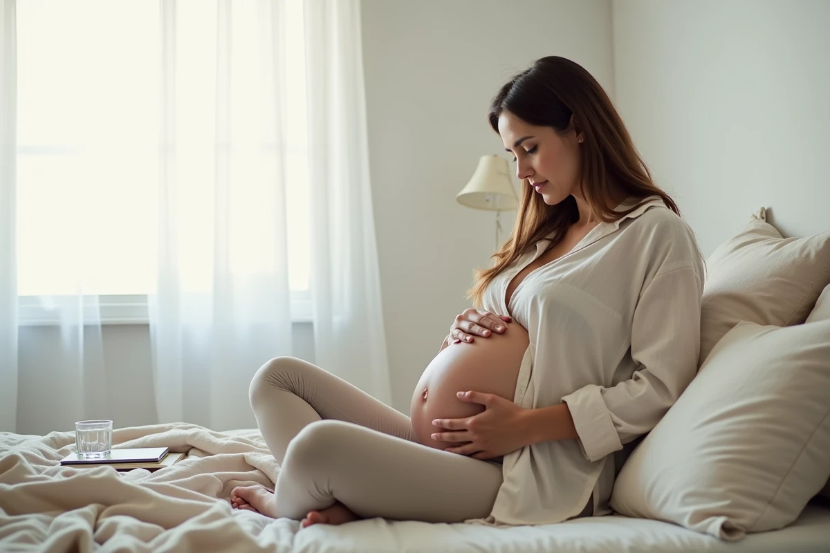 Femme enceinte seule dans sa chambre dans un moment de calme et d'introspection pendant la grossesse avec cerclage