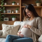 Femme enceinte souriante dans un salon chaleureux