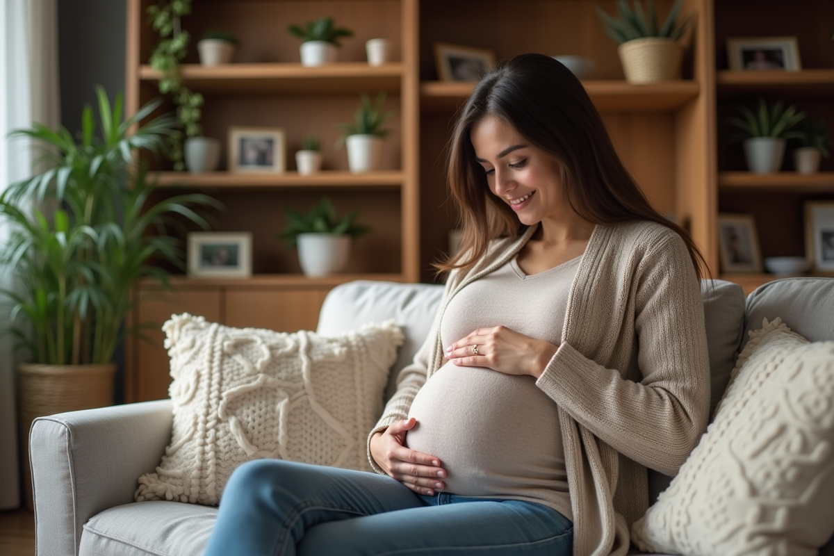 Femme enceinte souriante dans un salon chaleureux