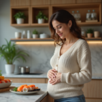 Femme enceinte dégustant des sushis dans la cuisine