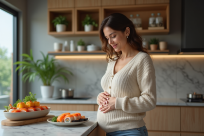 Femme enceinte dégustant des sushis dans la cuisine