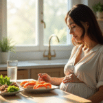 Femme enceinte dégustant du sushi au saumon dans une cuisine lumineuse