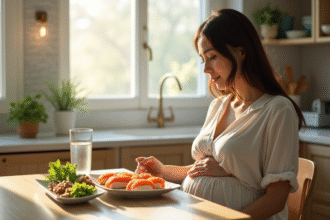 Femme enceinte dégustant du sushi au saumon dans une cuisine lumineuse