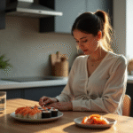 Femme enceinte réfléchissant à des sushis dans la cuisine lumineuse
