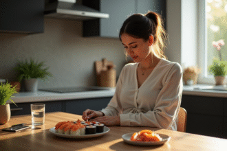 Femme enceinte réfléchissant à des sushis dans la cuisine lumineuse