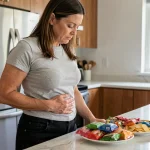 Femme d'une quarantaine d'années dans une cuisine moderne regardant des aliments transformés sucrés posés sur un comptoir en marbre, la main sur le ventre d'un air pensif