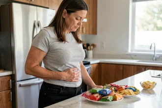 Femme d'une quarantaine d'années dans une cuisine moderne regardant des aliments transformés sucrés posés sur un comptoir en marbre, la main sur le ventre d'un air pensif