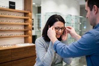 Femme essayant des lunettes chez un nouvel opticien dans une boutique moderne et chaleureuse